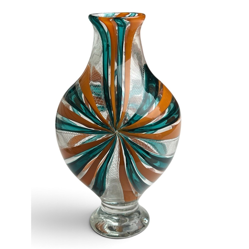 Daniel Graham Signed 2020 Hand Blown Art Glass Vase Reticello Teal Orange 9"